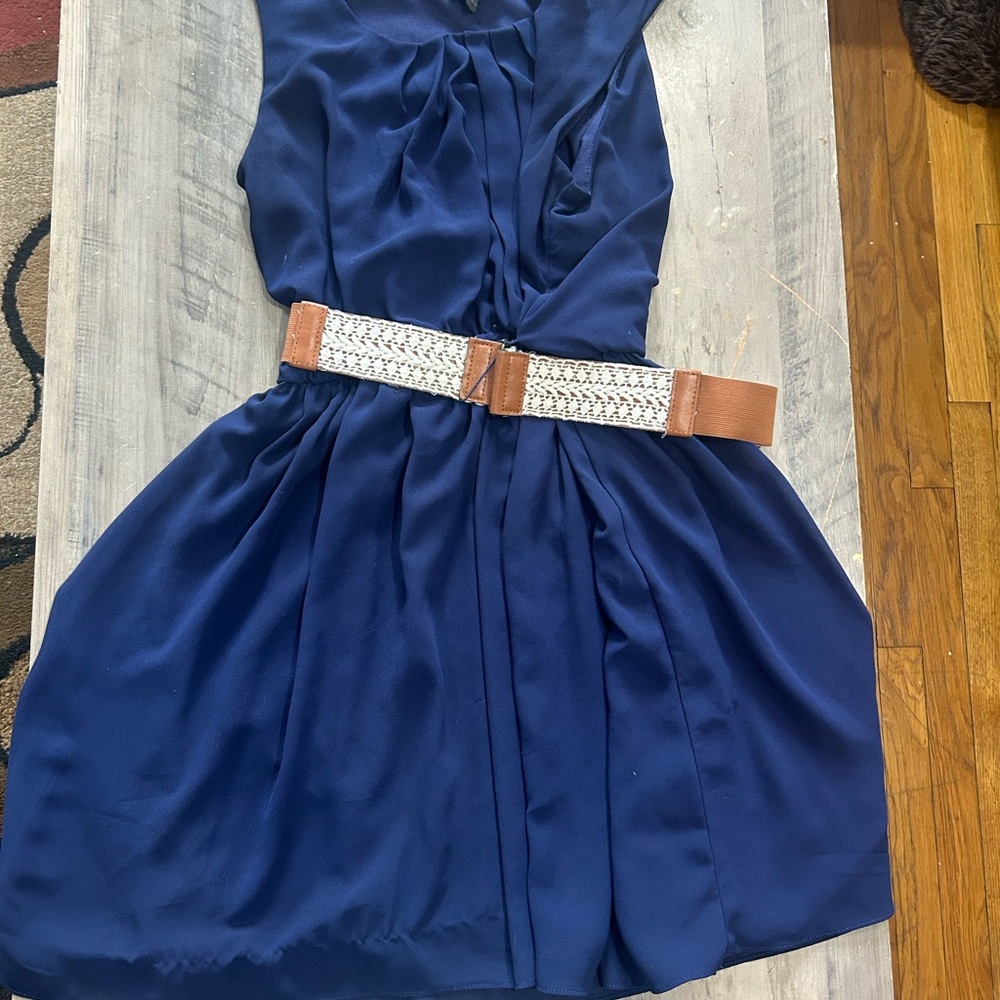By & By Navy Dress with Pleated Detail